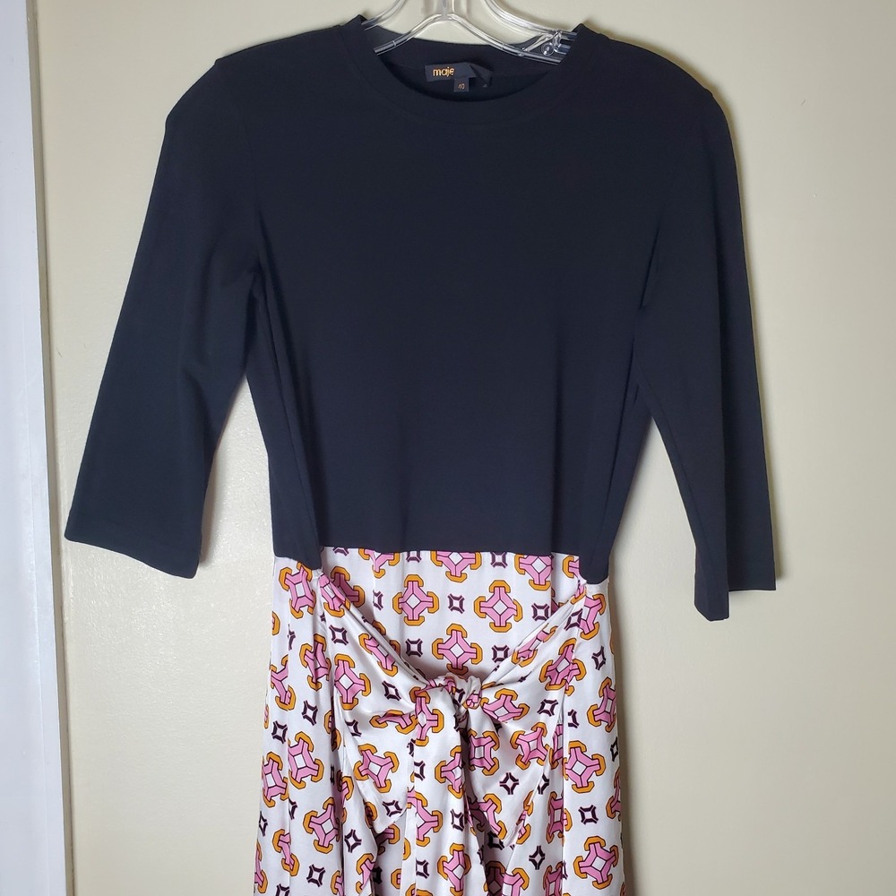 Maje Printed Viscose Trompe L'oeil Asymmetric Flare Geometric Dress 40 8 Medium